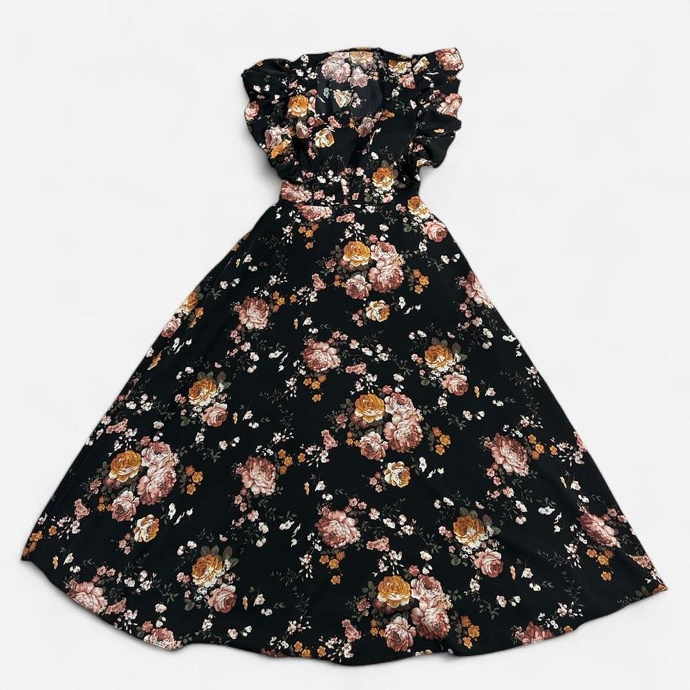 Black floral midi dress with puffy sleeves- built in bra